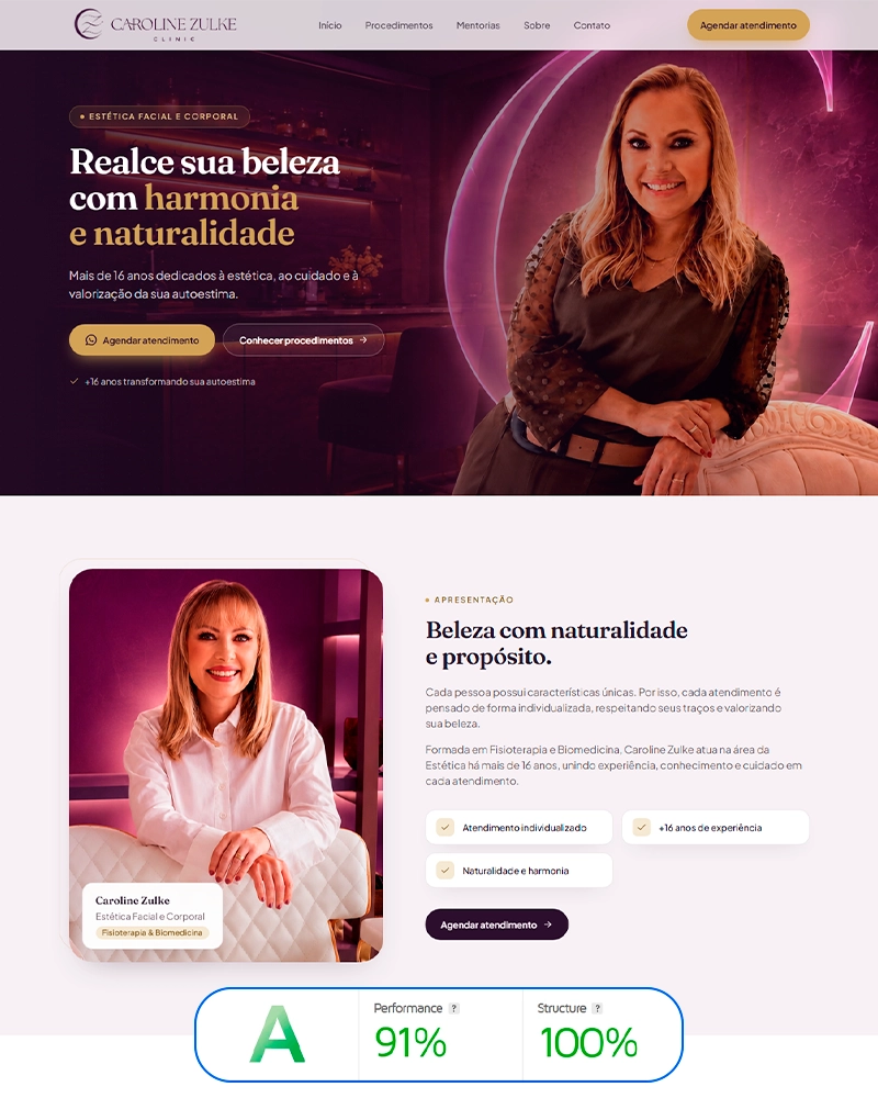 Landing page criada para Caroline Zulke, clínica de estética