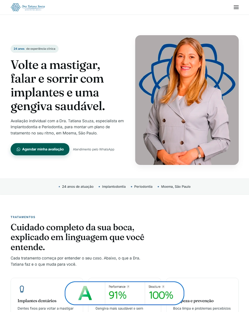 Landing page criada para Tatiana Souza, dentista