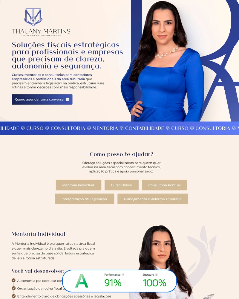 Landing page criada para Thauany Martins, mentoria