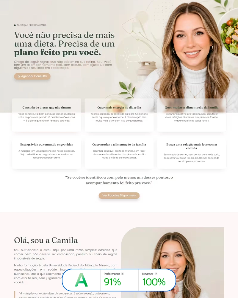 Landing page criada para Camila Santos, nutricionista